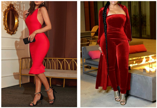 Valentine's Day Outfits, Red Dress and Velvet Jumpsuit with Cardigan