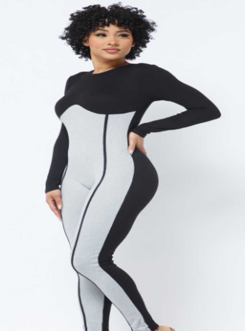 The Beyond Bae romper features a heather grey and black color blocking with a front contour outline. The back of the romper is solid black and has a lot of stretch so its safe to say this outfit is a slay.
