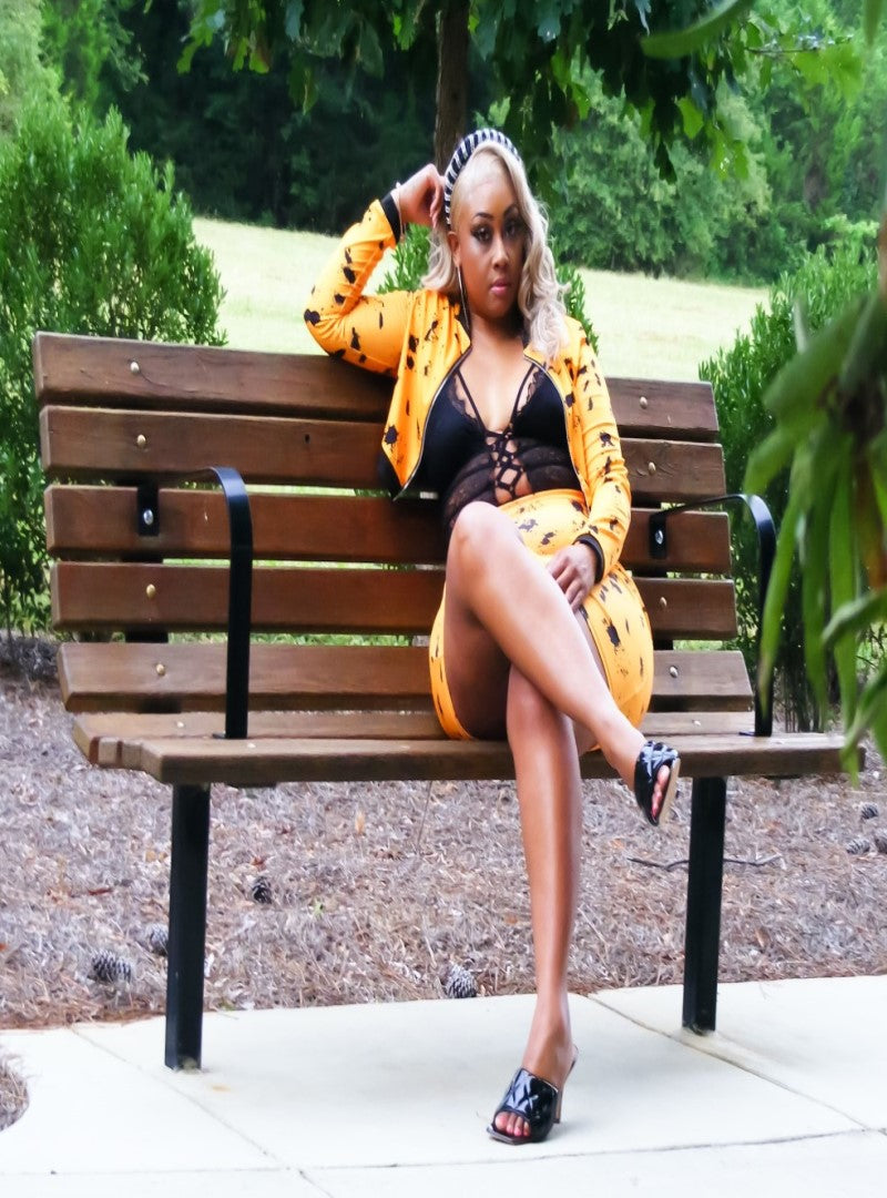 Shop the Black Drip 2pc Set at Chic Vein. Our "Black Drip" set features a vibrant goldenrod with black paint splatter pattern. This two piece set includes a cropped long sleeve jacket with zipper.