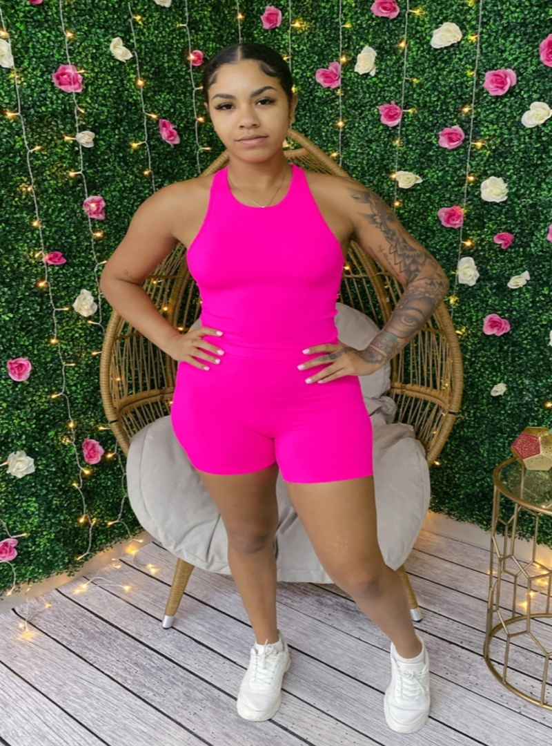 Two Piece Short Set for Women, Color Hot Pink, Racerback Top and Biker Shorts