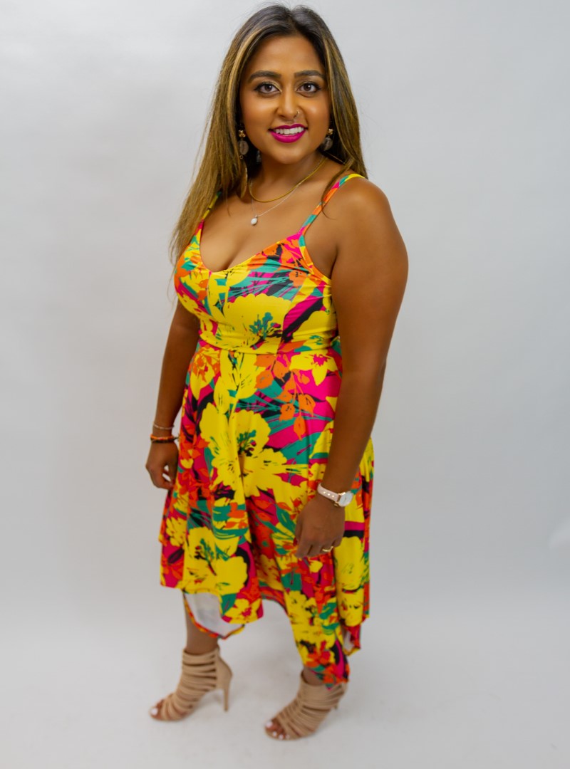 Our "Tropic Sunset Dress" is very vibrant  with details in rich color. It has excellent drape and a soft built-in lining at the bust. This piece has a charming appeal yet is very versatile & fun.