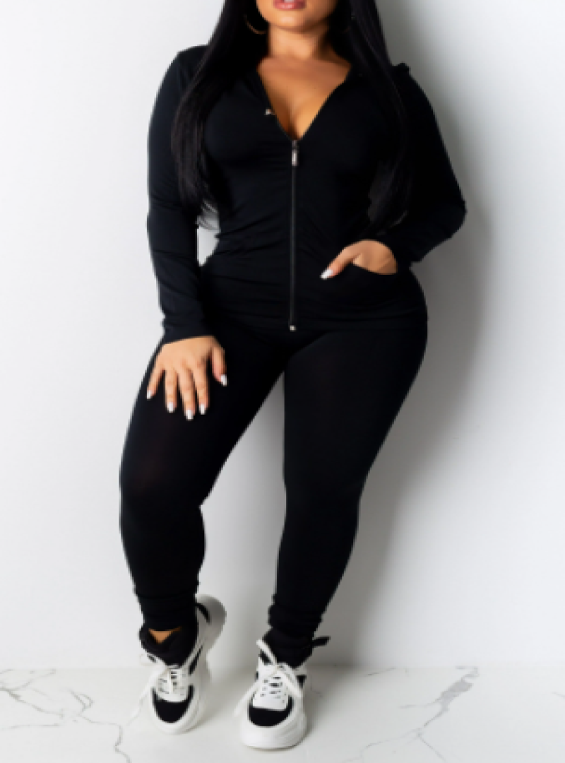 At Chic Vein, our Midnight Onyx Two Piece Legging Set includes a hoodie jacket with a zipper and matching seamless leggings. This set come in "One Size Only" Fits most from Small to Large body types.