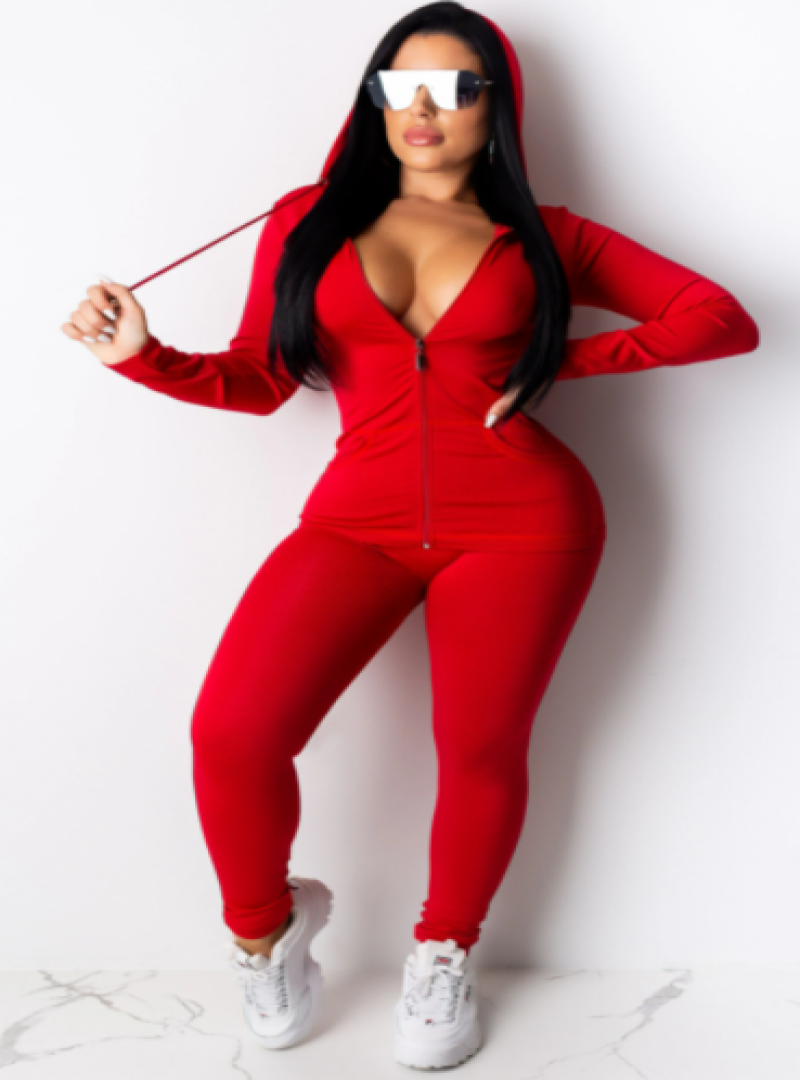 Our Big Apple Two Piece Legging Set includes a zipper hoodie jacket and matching seamless leggings. This set come in "One Size Only"  & fits most body types from small to large. Our matching set in this rich red color is great for holiday lounge-wear.